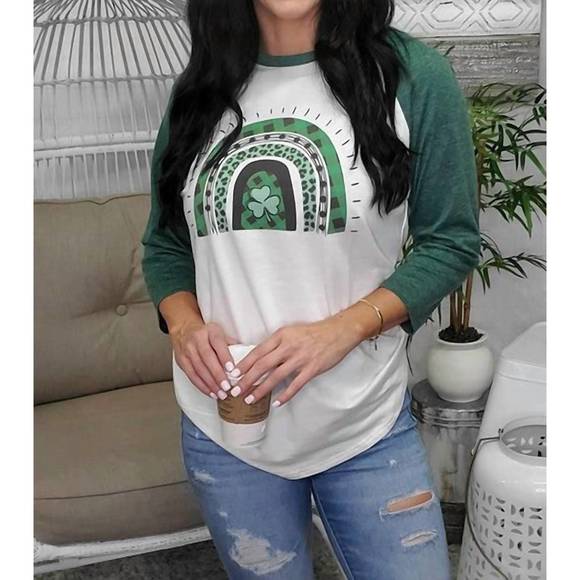 NEW TEES 2 UR DOOR shamrock rainbow raglan tee in green - Picture 1 of 1